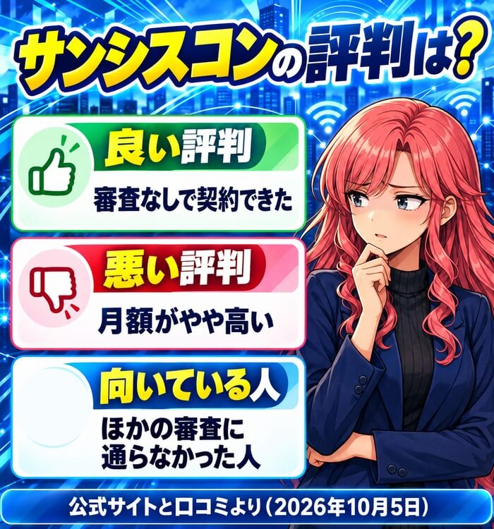 サンシスコンの評判は？良い評判は審査なしで契約できた、悪い評判は月額がやや高い、向いている人はほかの審査に通らなかった人