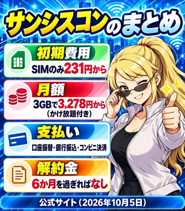 サンシスコンのまとめ。初期費用はSIMのみ231円から、月額は3GBで3,278円から（かけ放題付き）、支払いは口座振替・銀行振込・コンビニ決済、解約金は6か月を過ぎればなし