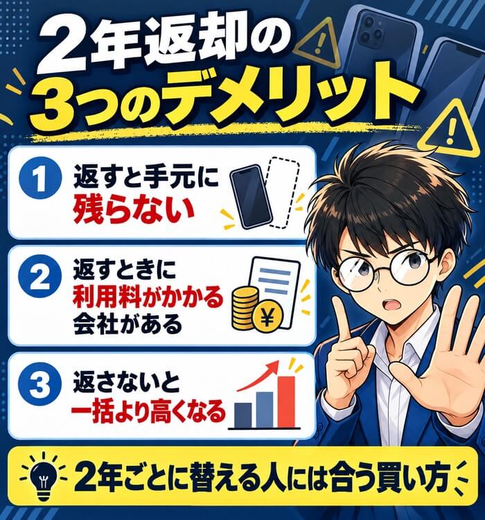 2年返却の3つのデメリット。返すと手元に残らない、返すときに利用料がかかる会社がある、返さないと一括より高くなる。2年ごとに替える人には合う買い方