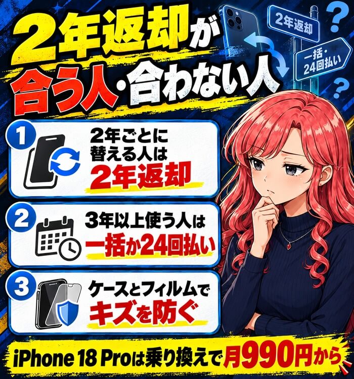 2年返却が合う人・合わない人。2年ごとに替える人は2年返却、3年以上使う人は一括か24回払い、ケースとフィルムでキズを防ぐ。iPhone 18 Proは乗り換えで月990円から