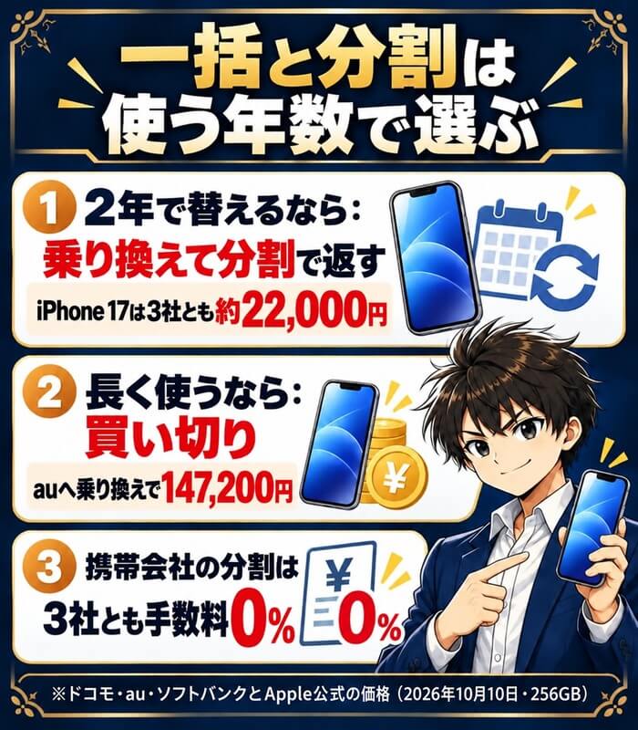 スマホの一括と分割は使う年数で選ぶ。2年で替えるなら乗り換えて分割で返す(iPhone 17は3社とも約22,000円)、長く使うなら買い切り(auへ乗り換えで147,200円)、携帯会社の分割は3社とも手数料0%