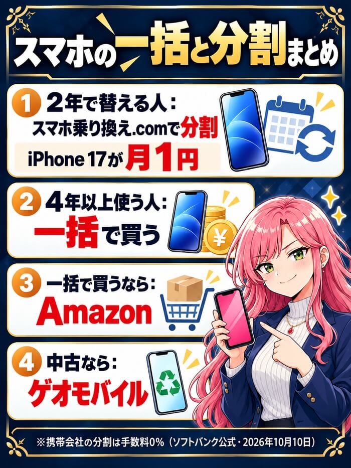 スマホの一括と分割のまとめ。2年で替える人はスマホ乗り換え.comで分割(iPhone 17が月1円)、長く使う人は一括、一括で買うならAmazon、中古ならゲオモバイル