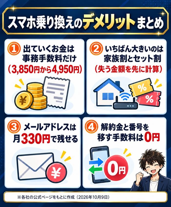 スマホ乗り換えのデメリットのまとめ。出ていくお金は事務手数料の3,850円から4,950円だけ、いちばん大きいのは家族割とセット割、メールは月330円で残せる、失う割引を先に計算する