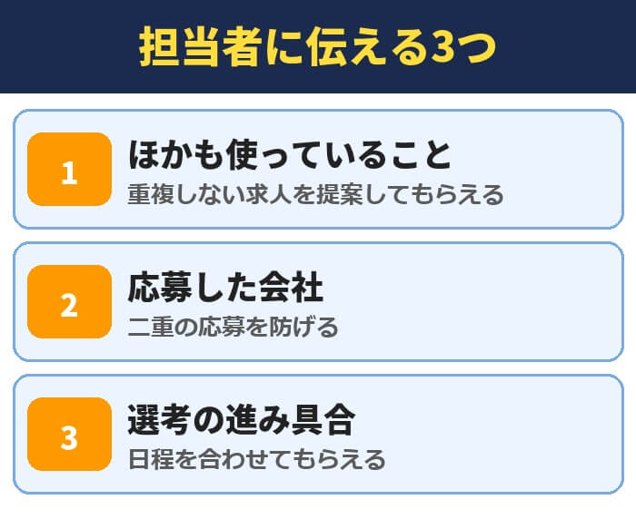 転職エージェントの担当者に伝える3つ。ほかも使っていること、応募した会社、選考の進み具合