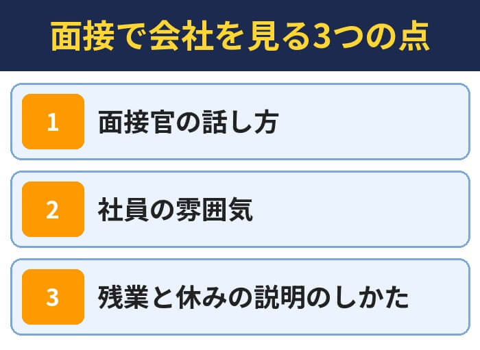 面接で会社を見る3つの点(面接官の話し方・社員の雰囲気・残業と休みの説明のしかた)