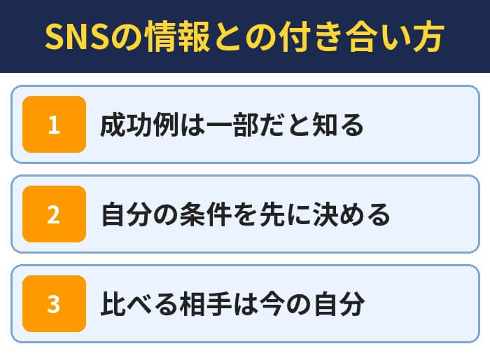 SNSの情報との付き合い方(成功例は一部だと知る・自分の条件を先に決める・比べる相手は今の自分)