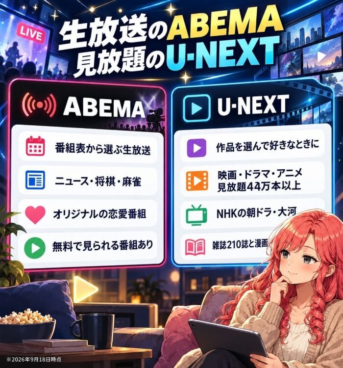 生放送のABEMAと見放題のU-NEXTの違い