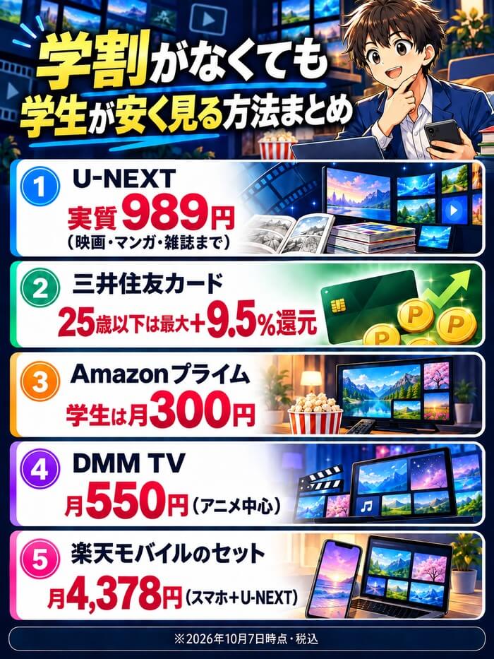 学割がなくても学生が安く見る方法まとめ。U-NEXTは実質989円(映画・マンガ・雑誌まで)、三井住友カードは25歳以下が最大+9.5%還元、Amazonプライムは学生が月300円、DMM TVは月550円(アニメ中心)、楽天モバイルのセットは月4,378円(スマホ+U-NEXT)
