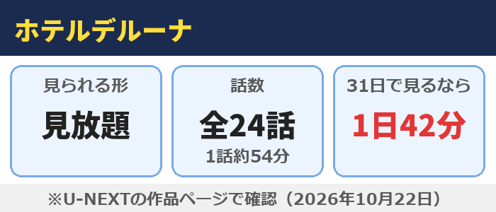 ホテルデルーナはU-NEXTで見放題、全24話（1話約54分）、31日で見るなら1日42分