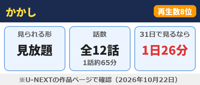 かかしはU-NEXTで見放題、全12話（1話約65分）、31日で見るなら1日26分