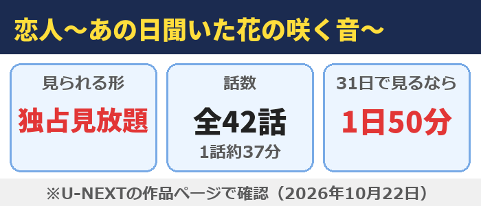 恋人～あの日聞いた花の咲く音～はU-NEXTで独占見放題、全42話（1話約37分）、31日で見るなら1日50分