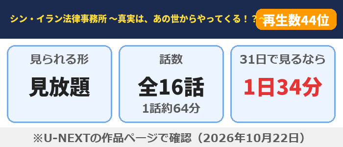 シン・イラン法律事務所 〜真実は、あの世からやってくる！？～はU-NEXTで見放題、全16話（1話約64分）、31日で見るなら1日34分