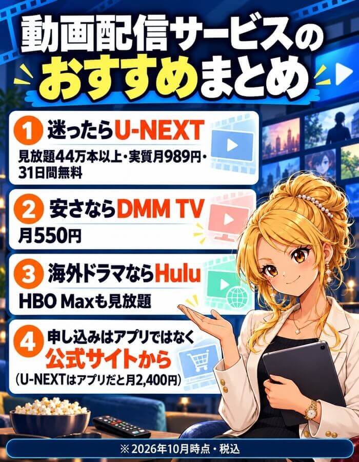 動画配信サービスのおすすめのまとめ。迷ったらU-NEXT(見放題44万本以上・実質989円・31日間無料)、安さならDMM TV(月550円)、海外ドラマならHulu(HBO Max)、アプリではなく公式サイトから申し込む