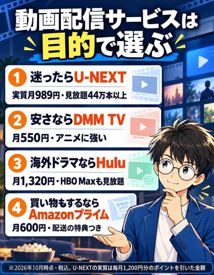 動画配信サービスのおすすめを目的別にまとめた図。迷ったらU-NEXT(実質989円・見放題44万本以上)、安さならDMM TV(月550円)、海外ドラマならHulu(月1,320円)、配送も使うならAmazonプライム(月600円)