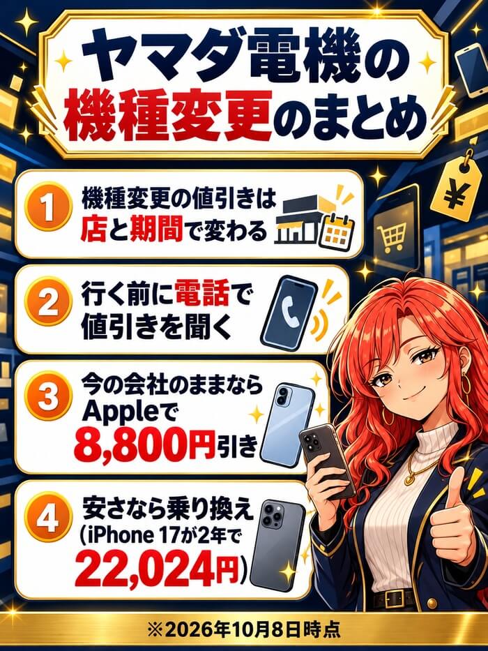 ヤマダ電機の機種変更のまとめ。値引きは店と期間で変わる、行く前に電話で値引きを聞く、今の会社のままならAppleで8,800円引き、安さなら乗り換え(iPhone 17が2年で22,024円)