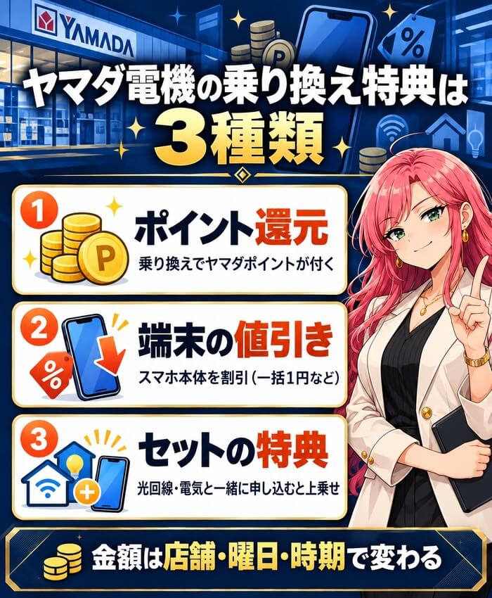 ヤマダ電機の乗り換え特典は3種類。ポイント還元、端末の値引き、光回線・電気とのセットの特典。金額は店舗・曜日・時期で変わる