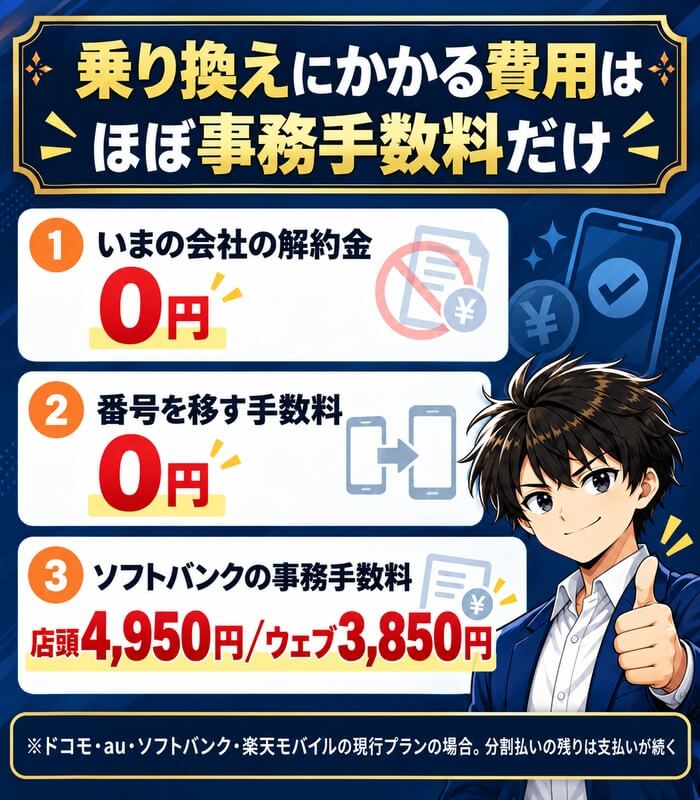 乗り換えにかかる費用はほぼ事務手数料だけ。いまの会社の解約金0円、番号を移す手数料0円、ソフトバンクの事務手数料は店頭4,950円・ウェブ3,850円