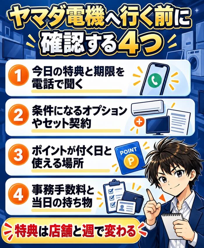 ヤマダ電機へ行く前に確認する4つ。今日の特典と期限を電話で聞く、条件になるオプションやセット契約、ポイントが付く日と使える場所、事務手数料と当日の持ち物