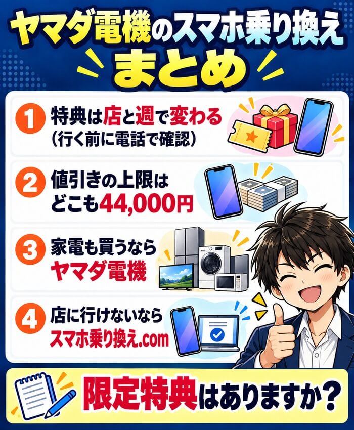 ヤマダ電機のスマホ乗り換えまとめ。特典は店と週で変わる、値引きの上限はどこも44,000円、家電も買うならヤマダ電機、店に行けないならスマホ乗り換え.com