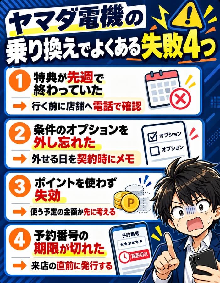 ヤマダ電機の乗り換えでよくある失敗4つ。特典が先週で終わっていた、条件のオプションを外し忘れた、ポイントを使わず失効、予約番号の期限が切れた