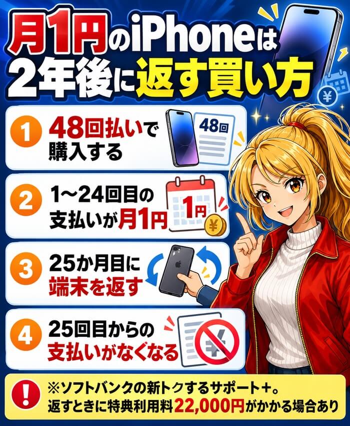月1円のiPhoneは2年後に返す買い方。48回払いで購入し、1〜24回目の支払いが月1円、25か月目に端末を返すと25回目からの支払いがなくなる