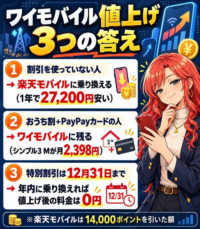 割引を使っていない人は楽天モバイルに乗り換えると1年で27,200円安い、おうち割とPayPayカードの人はワイモバイルに残る、特別割引は12月31日までで年内に乗り換えれば値上げ後の料金は0円