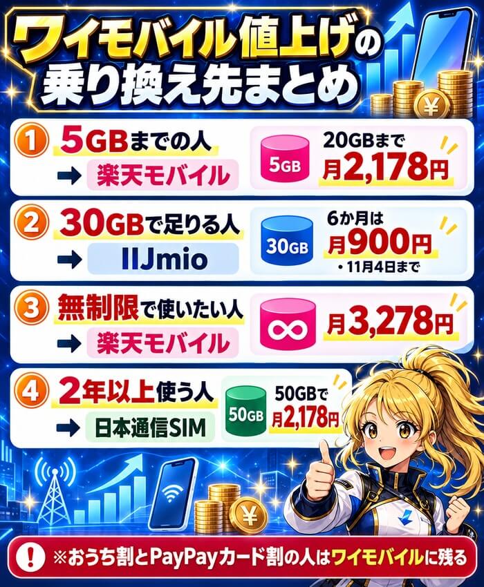5GBまでの人は楽天モバイルで20GBまで月2,178円、30GBで足りる人はIIJmioで6か月は月900円、無制限なら楽天モバイル月3,278円、2年以上使う人は日本通信SIMの50GBで月2,178円