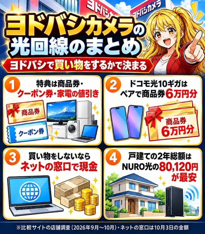 ヨドバシカメラの光回線のまとめ。特典は商品券・クーポン券・家電の値引き、ドコモ光10ギガはペアで商品券6万円分、買い物をしないならネットの窓口で現金、戸建ての2年総額はNURO光の80,120円が最安