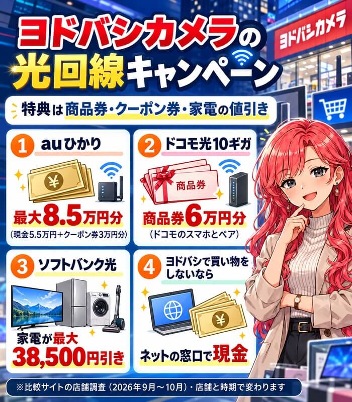 ヨドバシカメラの光回線キャンペーン。特典は商品券・クーポン券・家電の値引き。auひかりは最大8.5万円分(現金5.5万円+クーポン券3万円分)、ドコモ光10ギガは商品券6万円分(ドコモのスマホとペア)、ソフトバンク光は家電が最大38,500円引き、ヨドバシで買い物をしないならネットの窓口で現金