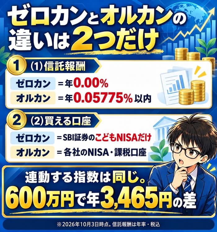 ゼロカンとオルカンの違いは2つだけ(信託報酬は年0.00%と年0.05775%以内・買える口座はSBI証券のこどもNISAだけ)