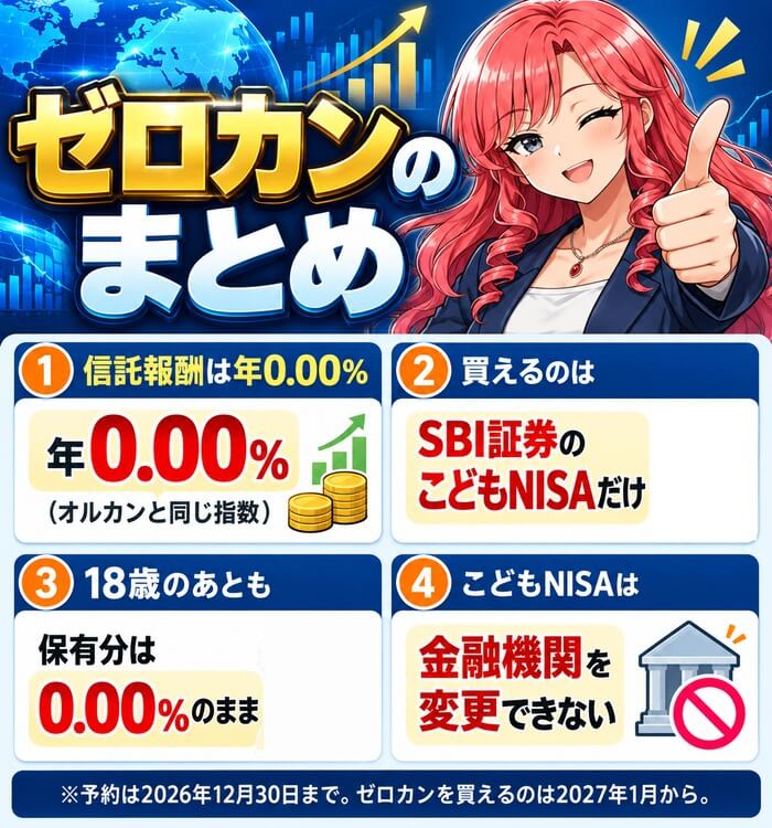 ゼロカンのまとめ(信託報酬は年0.00%・SBI証券のこどもNISAだけ・18歳のあとも0.00%のまま・金融機関は変更できない)