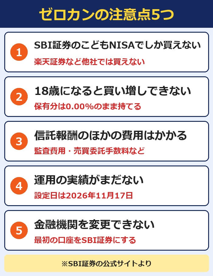 ゼロカンの注意点5つ(SBI証券のこどもNISAだけ・18歳から買い増し不可・ほかの費用・実績なし・変更不可)
