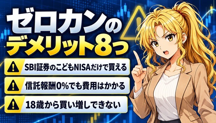 ゼロカンのデメリット8つ。SBI証券のこどもNISAだけで買える、信託報酬0%でも費用はかかる、18歳から買い増しできない
