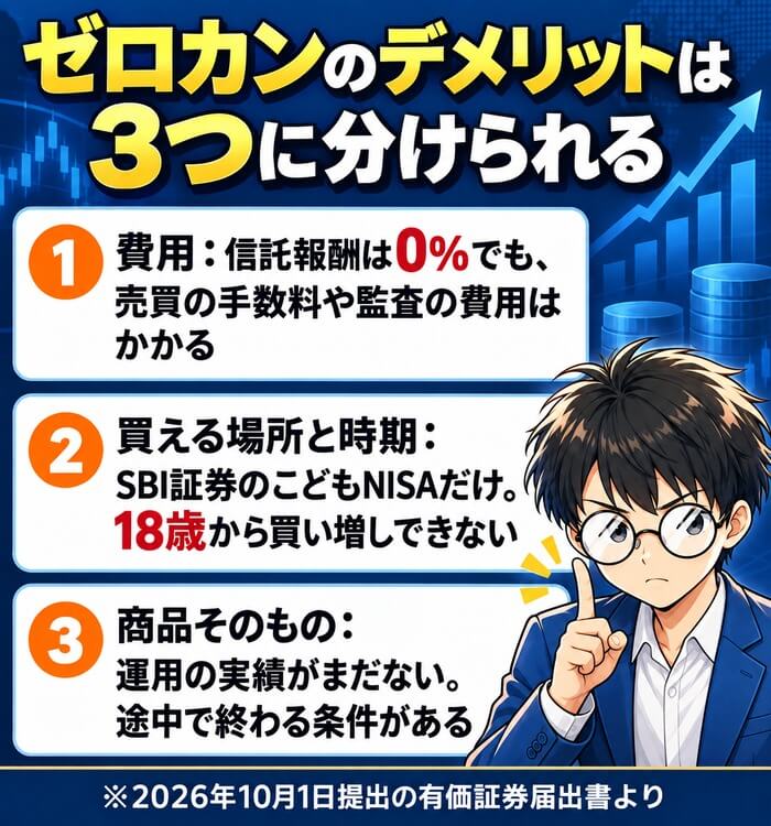 ゼロカンのデメリットは3つに分けられる。費用:信託報酬は0%でも売買の手数料や監査の費用はかかる。買える場所と時期:SBI証券のこどもNISAだけで18歳から買い増しできない。商品そのもの:運用の実績がまだなく途中で終わる条件がある