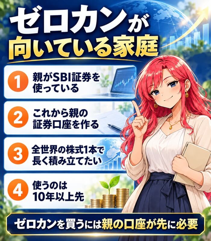 ゼロカンが向いている家庭。親がSBI証券を使っている、これから親の証券口座を作る、全世界の株式1本で長く積み立てたい、使うのは10年以上先。ゼロカンを買うには親の口座が先に必要