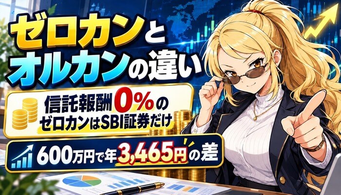 ゼロカンとオルカンの違いのアイキャッチ（信託報酬0%のゼロカンはSBI証券だけ・600万円で年3,465円の差）
