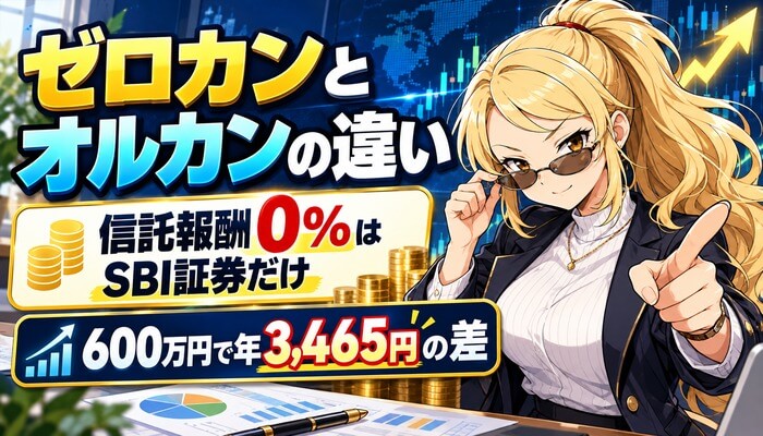 ゼロカンとオルカンの違い｜信託報酬0%はSBI証券だけ（600万円で年3,465円の差）